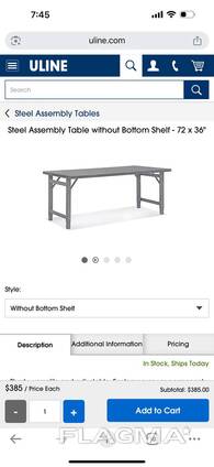 Steel Assembly Table without Bottom Shelf - 72 x 36”