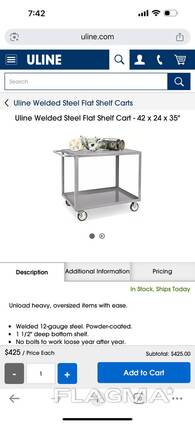 Uline Welded Steel Flat Shelf Cart - 42 x 24 x 35”